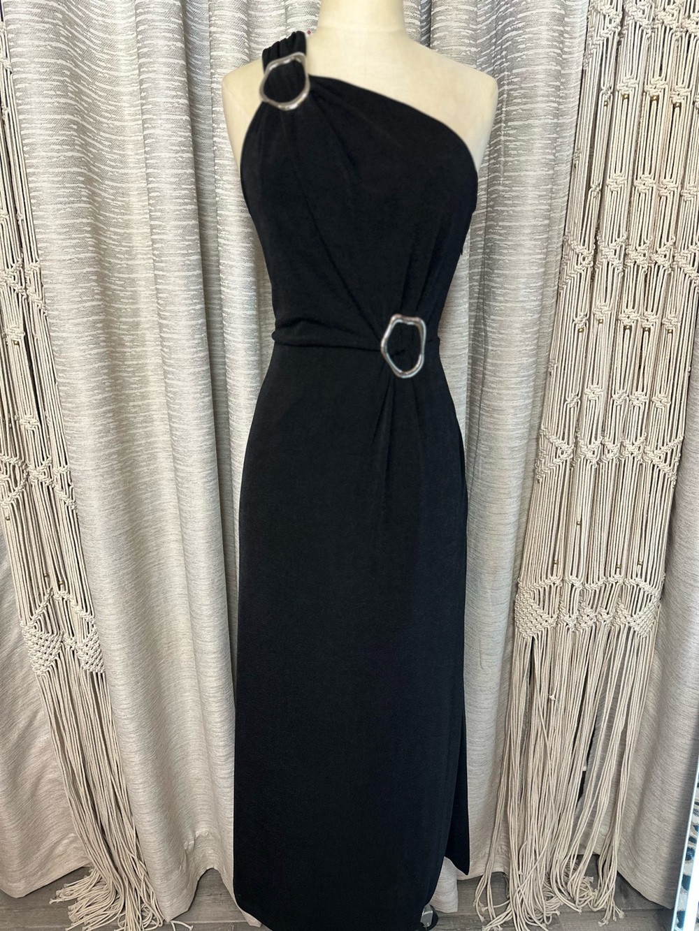 Boston Proper One Shoulder Black Maxi Dress Size Small Silver Hardware